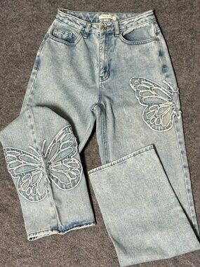 PacSun 90s Boyfriend Jeans Womens sz 24x29 3D Butterfly Patches high waist baggy